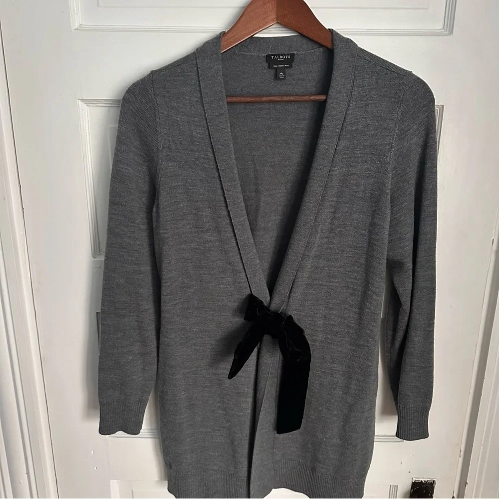 Talbots Merino Wool Cardigan Duster Sweater Top Velvet Tie Medium Petite‎ Grey - Picture 2 of 8